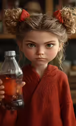 an adorable little girl with big eyes holding a bottle
