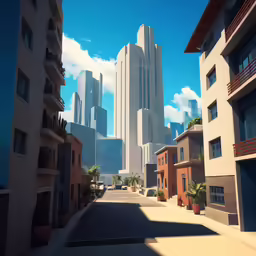 a city scene with skyscrapers and buildings, as shown from the street