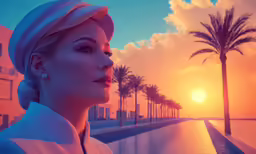 the model has her hair in low ponytails and wears a headscarf