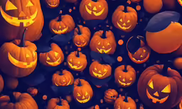 a pile of pumpkins with faces carved into them
