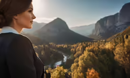 a woman with an elegant hairdo looks out over the landscape