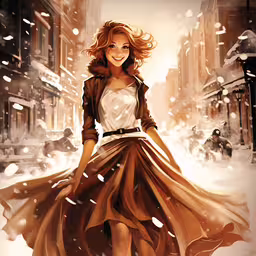 a painting of a woman walking through the snow,the girl is walking in the snow with her coat