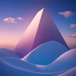 an abstract mountain and sky painting with a small house in the background