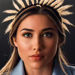 woman wearing a headdress and an blue shirt with feathers
