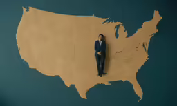 a woman in business attire sitting on a usa map