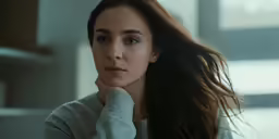 a woman wearing a white top sitting in a room