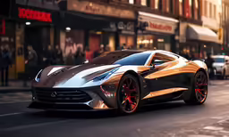 a futuristic sports car drives down the street
