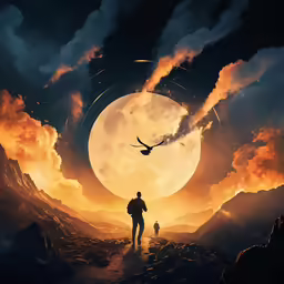 the lone man is looking at the bird flying away
