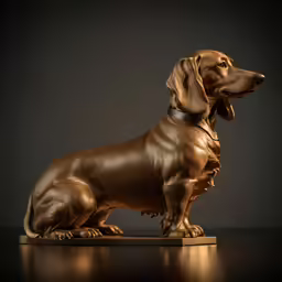 a chocolate brown statue of a dog on a wood base