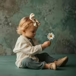 the little girl is sitting on the floor with a daisy in her hand
