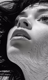 a beautiful young woman in black and white is looking upward
