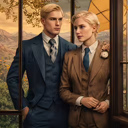 two people dressed in suits standing side by side,there is a man and a woman standing next to each other