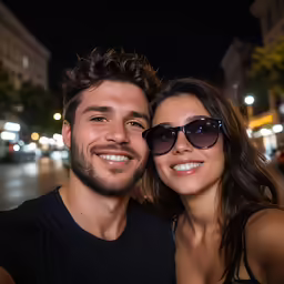 the man and woman are posing together smiling