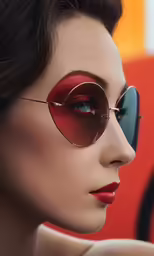 the woman wearing a red face paint and sunglasses