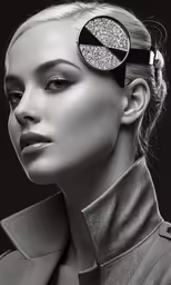 the fashion portrait with two round metal hair clips on the head