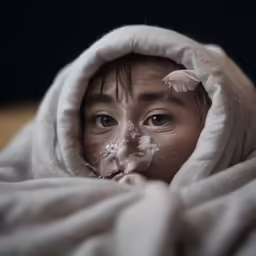 the small child is covered in a white blanket