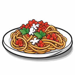 a plate with noodles and cherries on a white background