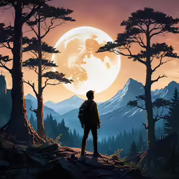 the man is standing at the top of a hill with a full moon above him