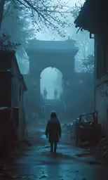 a man walking in the dark in a village