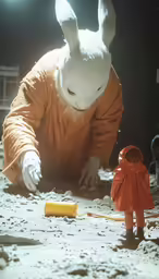 the bunny in the orange outfit is trying to figure out his mother