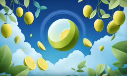 a painting of lemons in the air with clouds and blue sky
