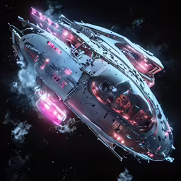 a futuristic flying object with red lights and some smoke