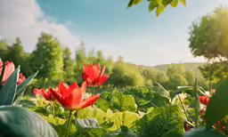 red flowers grow on the side of a lush green forest