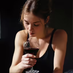 a woman is smelling a glass of wine