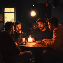 three men sitting at a table eating while one looks on