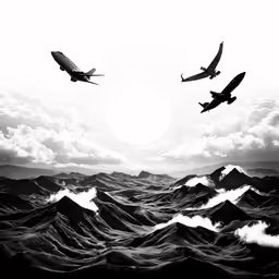 a black and white photo of two planes flying over a mountain range