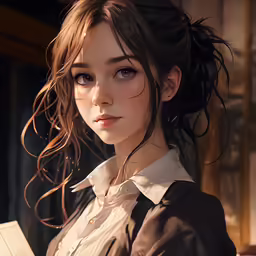 a girl with a curly, bun hairstyle has blue eyes and brown hair