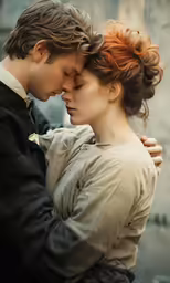 a woman in brown jacket hugging a man in black coat