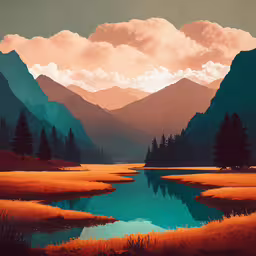there is a river going through a valley,a painting of a beautiful, mountainous scenery