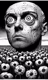 a man with a weird looking face is surrounded by many strange, round eyes