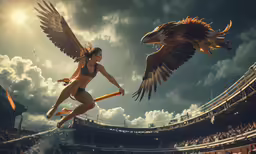 a woman is in the air with an eagle