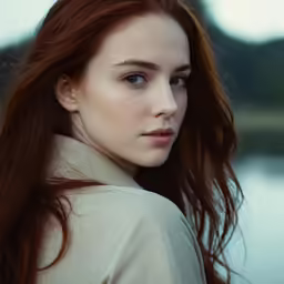 a close up photo of a woman with long red hair