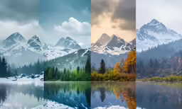 multiple pictures of mountains and trees reflecting in water