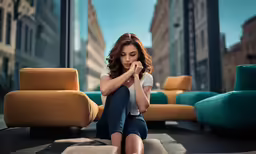 woman sitting on the ground in front of couches