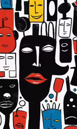 a painting of a person with various faces