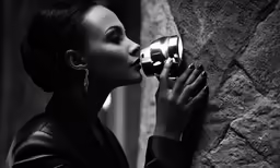 a woman in a dark outfit drinking from a cup