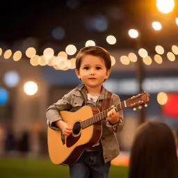 a boy standing in front of a christmas tree and holding an acoustic guitar