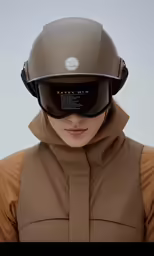 woman in brown jacket with a helmet on