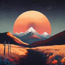 an illustration of mountains, trees, and a pathway with a bird in the distance,an abstract painting of a sunset over a country lane