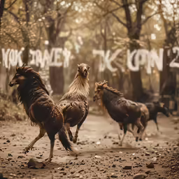 two chicken are chasing while one goat is looking up