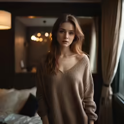 there is a woman standing near the window looking into the camera