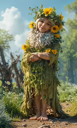 a painting depicting a person dressed in green leaves