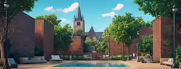 a painting of a pool and some chairs