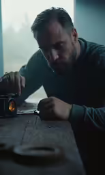 a man looking through the lens of a camera