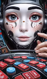 a girl is wearing headphones in a space station