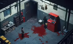 a woman and a man stand in the hallway of a building surrounded by blood